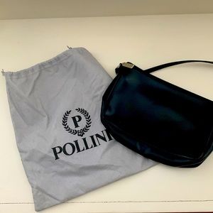 Small Black Leather Pollini handbag with zip closure and short leather handle.